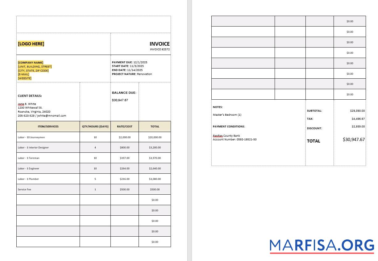 Blank Service Tax Calculation Invoice Template